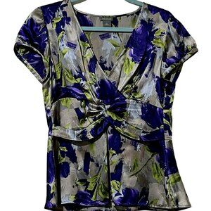 Ann Taylor Womens Size 6 Purple Yellow Floral V Neck Silk Blouse